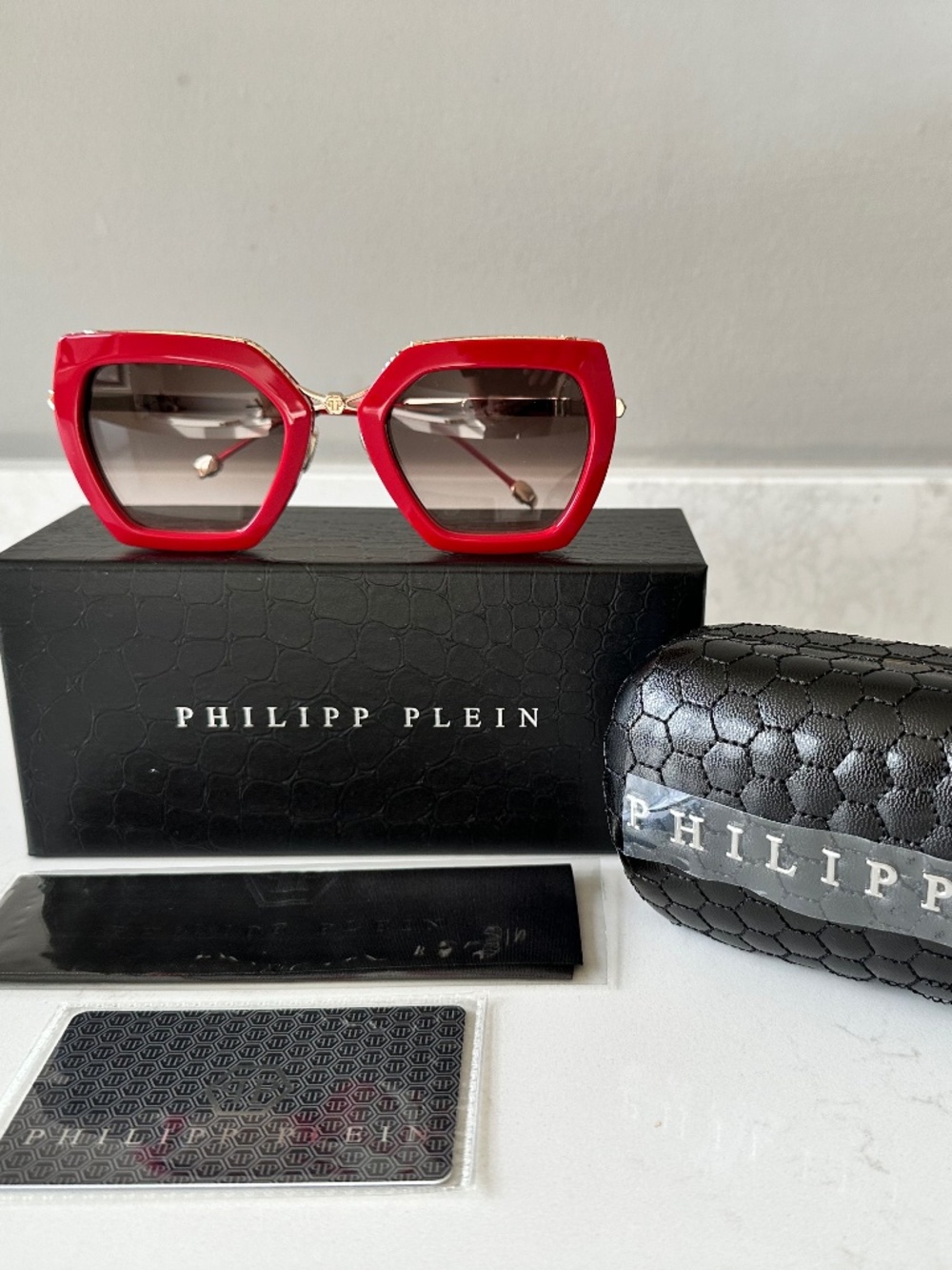 NWT | Philipp Plein | Red Cat-Eye Sunglasses | SPP097S - Gold Detail - Picture 6 of 7